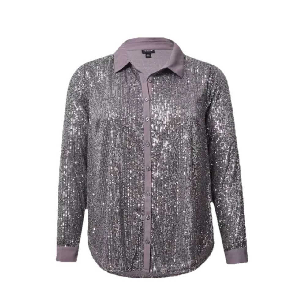 Torrid Gray Madison Sequin Long Sleeve Button Up Shirt Women's Size 3X 22-24 NWT